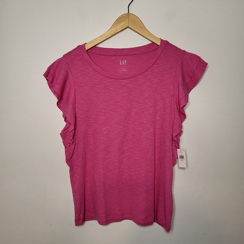 Gap Stretch Heather Knitted Ruffle Sleeve Roud Neck Top Pink Size Large NWT